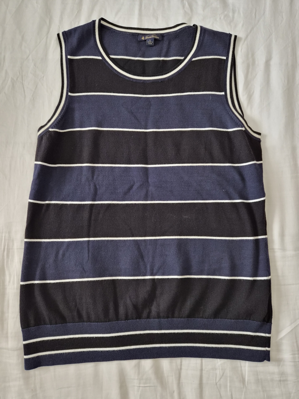 Brooks Brothers Navy, Black & White Striped Sleeveless V‑Neck Sweater